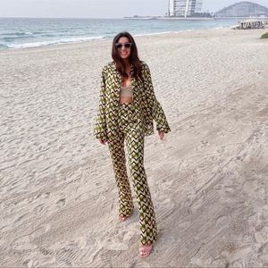 Zara 2 Piece Multicolored Geometric Printed Shirt & Flared Leg Pants Co Ord Set